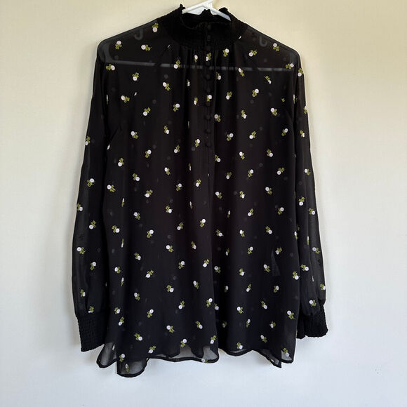 Cabi Blouse Womens XS Embroidered Floral Flowy Semi Sheer Preppy Academia Black - Picture 3 of 12
